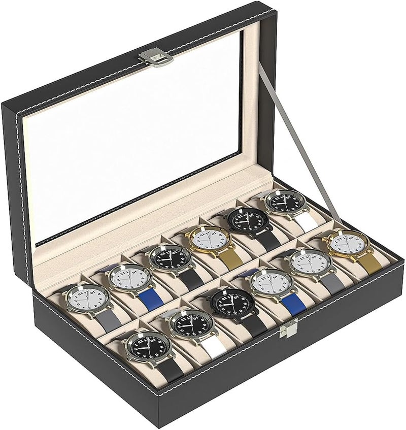 Ausalivan Watch Display Case For Men,Leather Watch Organizer Box,Watch Travel Organizer Tray,Watch Collection Storge Holder For Women (Black Leather, 12 Slots) - Image 1